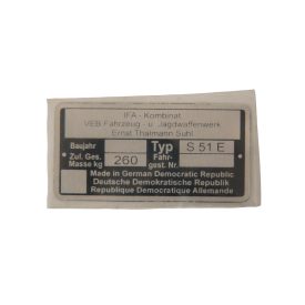 Típustábla s, S51 E, Simson S51