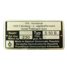 Típustábla, s50B, Simson S50