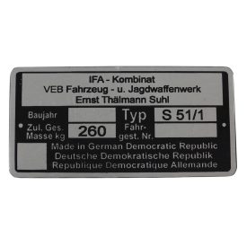 Típustábla s51/1,, Simson S51