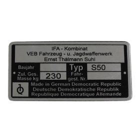 Típustábla, s50, Simson S50